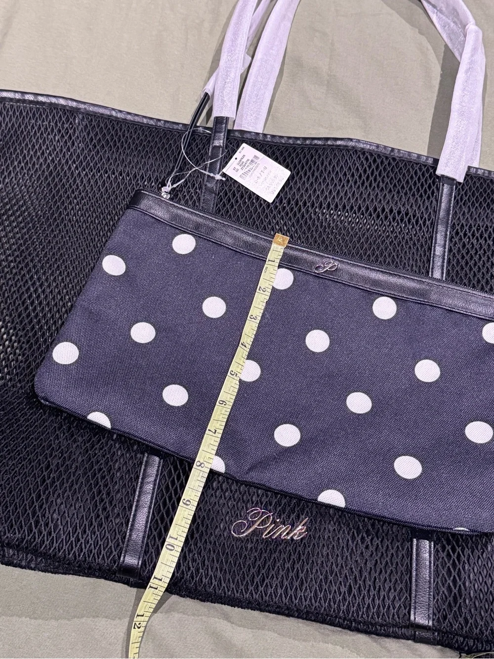 PINK by Victory Secret Black Mesh Tote  with Polka Dot Pouch